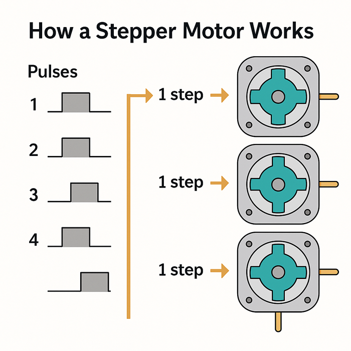Diagram showing stepper motor rotor advancing one step per pulse