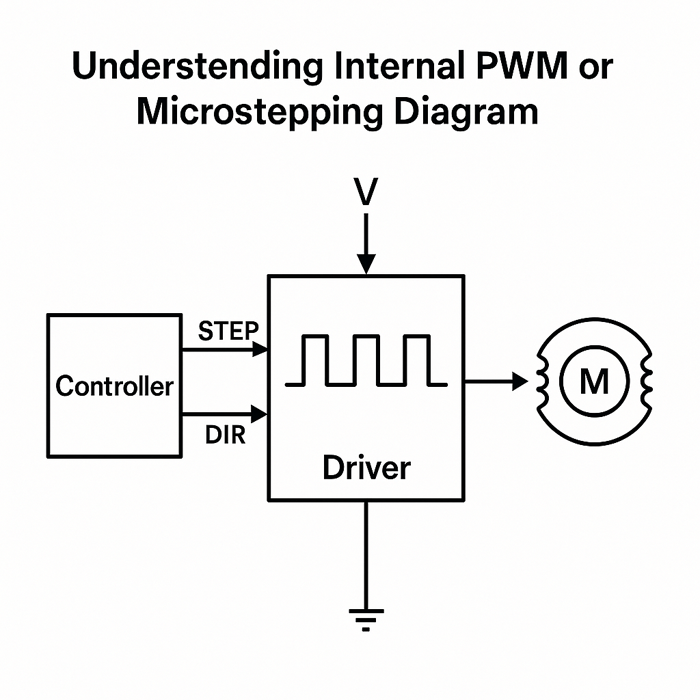 Block diagram showing STEP/DIR input and internal PWM control in stepper driver