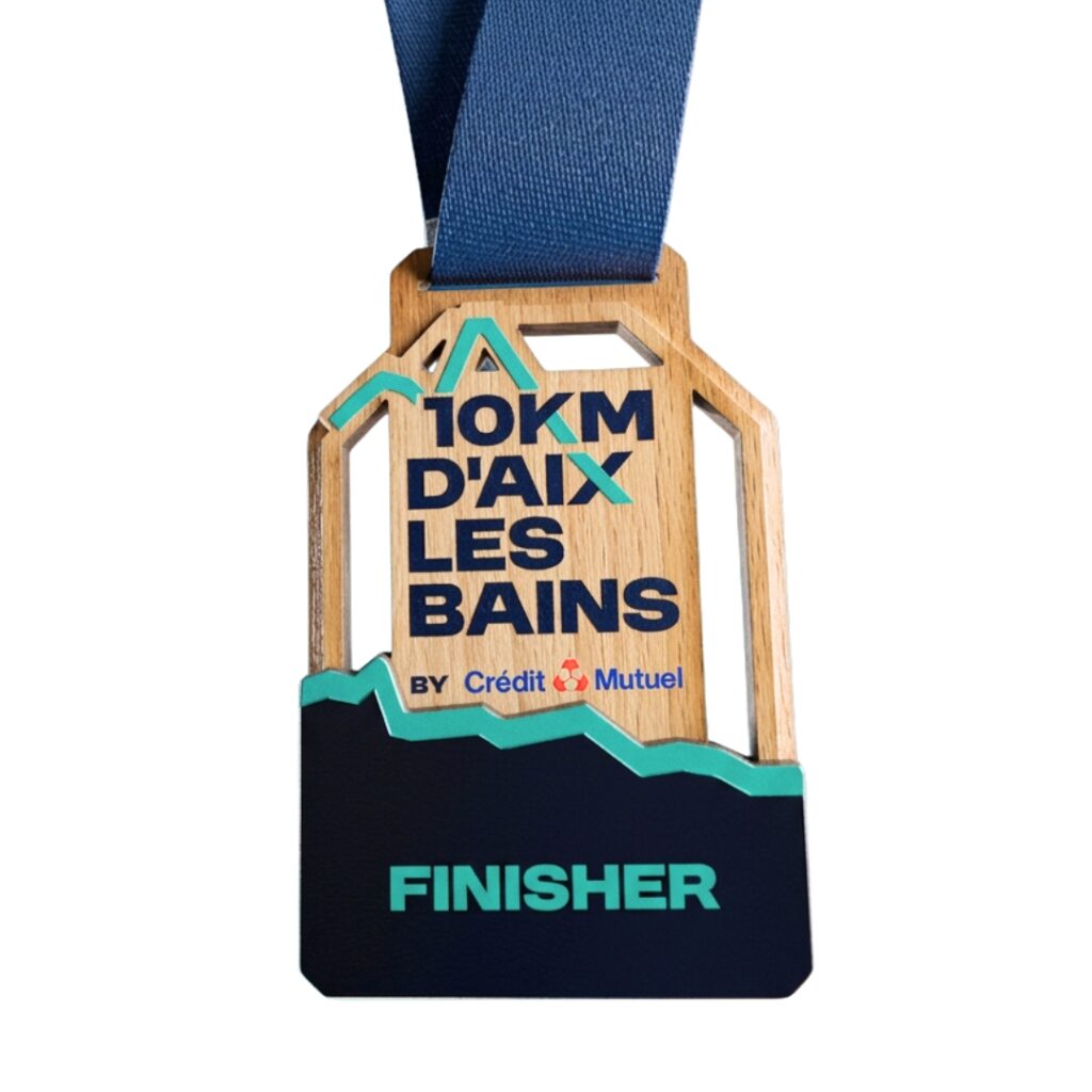 médaille en bois 10 km d'Aix les bains 2026, en bois avec surépaisseur imprimé.